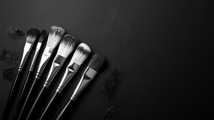 Poster - Artistic black and white composition of paint brushes arranged on a sleek black background showcasing their unique shapes and textures.