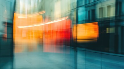 Poster - Abstract motion blur of modern building glass wall with vibrant orange and red reflections creating a dynamic urban atmosphere.