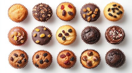 Poster - Assorted homemade cupcakes including chocolate and raisin flavors displayed from above on a clean white background