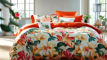 Aufkleber - Vibrant floral bed linen in a cozy modern interior emphasizing home comfort and stylish decor with natural light.
