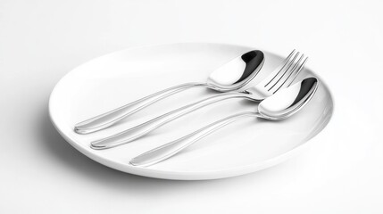 Poster - Elegant Silverware Set with Fork Knife and Soup Spoon Arranged on Clean White Plate for Dining Table Presentation and Culinary Design