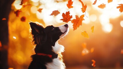 Aufkleber - Border Collie dog gazing at falling autumn leaves in a warm golden light backdrop capturing the essence of the season