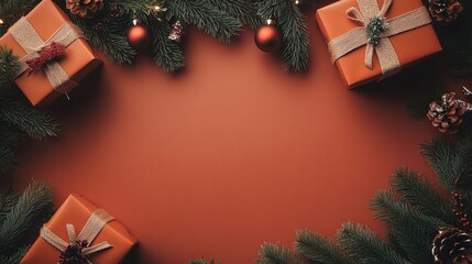 Poster - Beige Christmas background featuring fir branches and gift boxes with vintage decorations for holiday celebration and winter themes