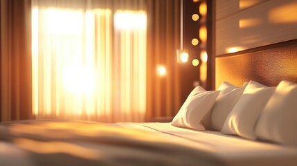 Aufkleber - Luxury bedroom interior with soft lighting and warm ambiance during sunrise, showcasing elegant decor and peaceful atmosphere.