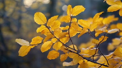 Poster - Serene autumn scenery with vibrant yellow leaves highlighting the beauty of a peaceful forest environment