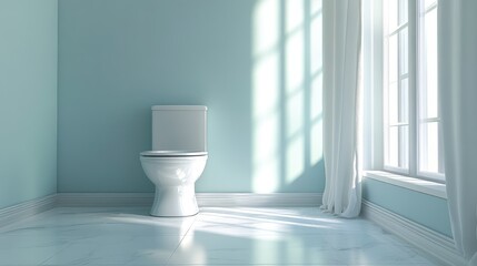 Poster - Modern bathroom interior highlighting a renovated space with a toilet and natural light streaming through large windows.