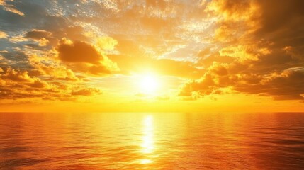 Poster - Vibrant sunset over tranquil sea with colorful clouds reflecting golden hour light during a serene summer evening sky backdrop