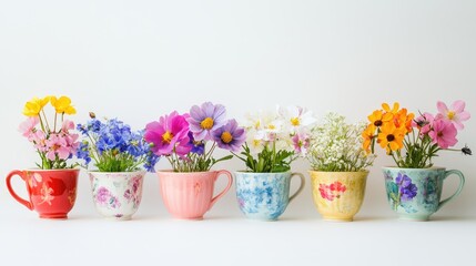 Poster - Colorful spring flowers arranged in decorative cups against a white background creating a cheerful and vibrant floral display