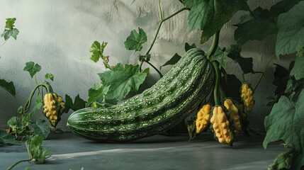 Poster - Freshly harvested bitter gourd surrounded by vibrant green vines and yellow flowers in a rustic garden setting