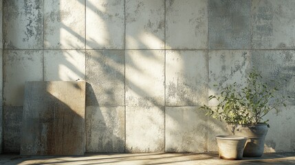 Poster - Indoor wall with adhesive mix and tiles featuring textured surface and potted plant in natural light setting.
