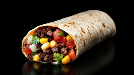 Poster - Beef burrito wrapped with fresh vegetables served on a sleek black background showcasing delicious Mexican cuisine
