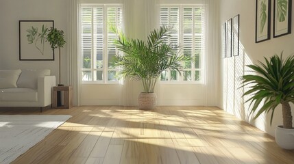Poster - bright and airy living room with hardwood flooring and large greenery creating a serene and inviting