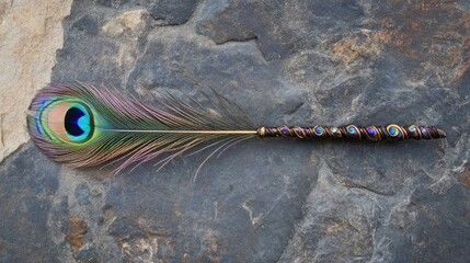Aufkleber - Elegant peacock feather displayed on textured stone surface showcasing vibrant colors and intricate details for nature and interior design themes.