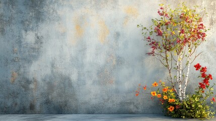 Poster - Small birch tree and colorful flowers arranged by a textured concrete wall creating a serene and natural urban garden setting