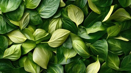 Fototapete - Pile of vibrant green leaves from a high angle shot featuring natural textures and ample space on the left for text and messages