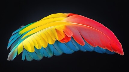 Aufkleber - Colorful bird feather display on a dark background showcasing vibrant hues of yellow, red, and blue with intricate texture details.
