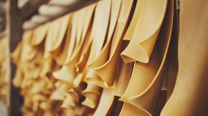 Poster - Rubber sheets drying on wooden rack showcasing warm tones and textured layers in a shallow depth of field wide angle perspective
