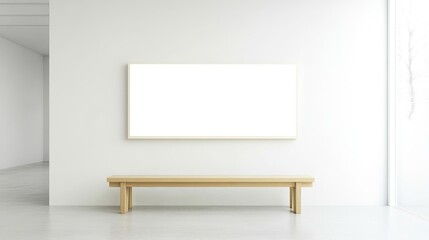 Aufkleber - Blank billboard advertisement space on a minimalist wall with a wooden bench for creative marketing and design concepts.