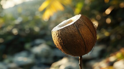 Poster - Coconut shell on a stick with blurred natural background showcasing tropical aesthetics and organic textures in nature photography