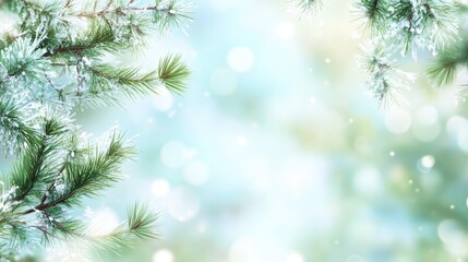 Poster - Blurred background of vibrant green pine tree sprigs with soft bokeh effect creating a serene and tranquil nature atmosphere.