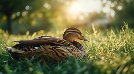 Poster - Female mallard duck resting on lush green grass illuminated by soft sunlight in a serene natural setting showcasing its intricate feathers.