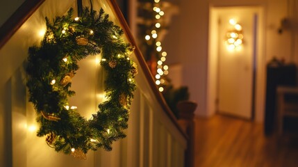 Poster - Cozy Scandinavian hygge home interior featuring warm glowing garland lights and a Christmas wreath for festive holiday decor