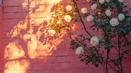 Poster - Pink brick wall at golden hour adorned with white roses casting soft shadows for a peaceful and picturesque outdoor setting