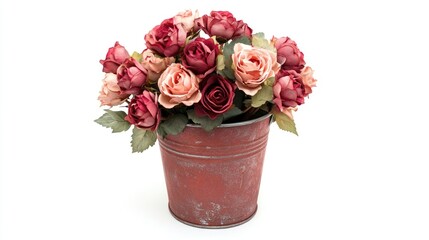 Poster - charming collection of pink and red roses arranged in a rustic metal bucket on a clean white background