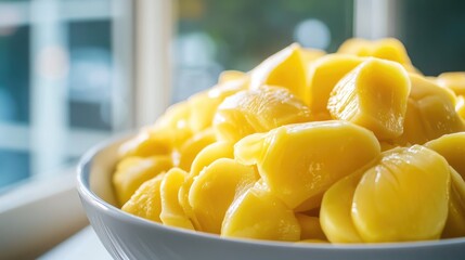 Aufkleber - Fresh jackfruit slices in a white bowl showcasing vibrant yellow color with a soft blur background for a tropical feel.