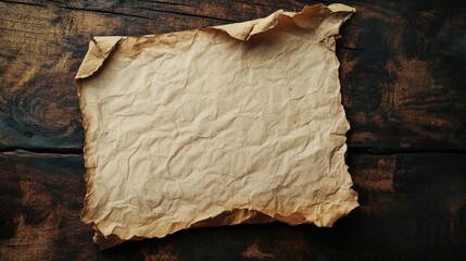 Poster - Crinkled old paper on rustic wood background showcasing the texture and history of aged documents for creative projects