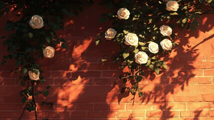 Poster - Pink brick wall adorned with white roses casting strong shadows during golden hour natural lighting ambiance close-up view