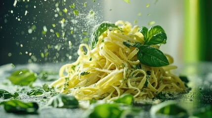 Poster - Dry basil pasta with fresh herbs artistic presentation on textured surface with seasoning falling around creating a vibrant culinary scene
