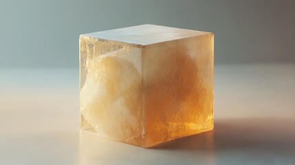 Poster - Transparent cube with frozen potato inside on a smooth surface illuminated by soft light.