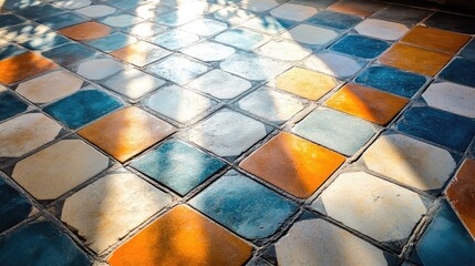 Poster - Colorful patterned floor tiles showcasing highlights shadows and vibrant hues in a well-lit interior space