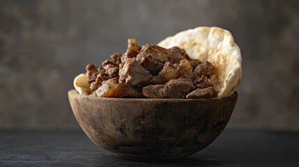 Poster - Beef shawarma served in a wooden bowl with pita bread on a dark background perfect for food menus or culinary promotions.