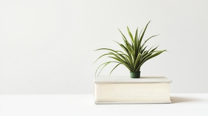 Aufkleber - Book with a decorative plant on top isolated against a minimalist white background showcasing modern home decor and tranquility.