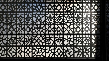 Wall Mural - Monochrome aluminum architectural wall design featuring intricate patterns with dramatic light and shadow effects