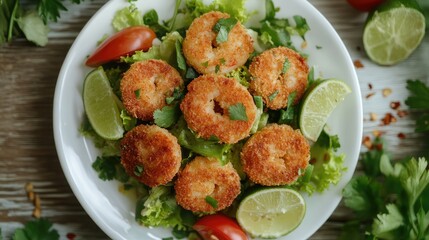 Aufkleber - Crispy breaded shrimp on fresh green salad with lime wedges and tomatoes served on a wooden table with floral background close-up image