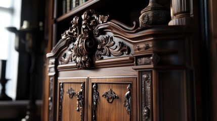 Poster - Antique wooden cabinet with intricate carvings and ornate details showcasing classic craftsmanship in elegant interior setting