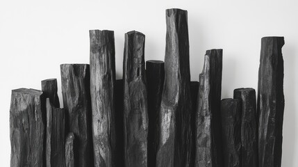 Poster - Natural charcoal sticks arranged artistically on a white background showcasing texture and form for creative design and aesthetic purposes.