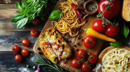 Poster - Delicious gourmet meal with pasta, fresh tomatoes, herbs, and cheese on a rustic wooden table setting for a culinary display.