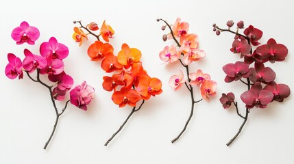 Aufkleber - Vibrant Phalaenopsis orchid blooms in various colors arranged artistically on a clean white background for floral design inspiration