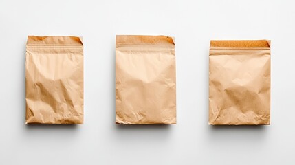 Poster - Brown paper bags neatly arranged on a clean white background showcasing minimalist packaging and eco-friendly design elements