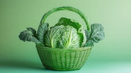 Aufkleber - Freshly harvested cabbage displayed in a vibrant green basket against a soft green background showcasing natural produce aesthetic.