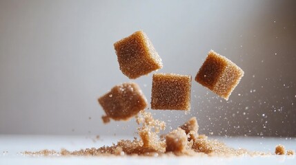 Poster - Brown sugar cubes floating above a white surface capturing the essence and texture of natural sweeteners in a minimalist setting