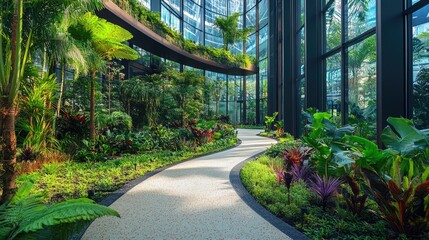 Poster - Lush indoor garden with winding path showcasing the harmony of nature and modern architecture in a contemporary setting in Singapore.