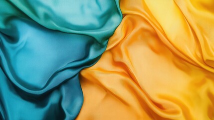 Poster - Colorful silk fabric waves in vibrant teal and golden hues creating a luxurious textured background for design projects.