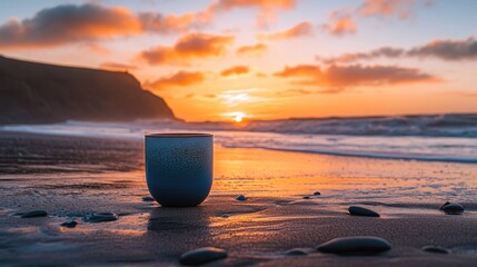 Poster - Serene beach sunrise with a blue cup on the shore during the golden hour, capturing tranquility and natural beauty at dawn.
