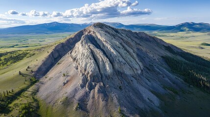 Aufkleber - Aerial view of rugged mountain peak with unique rock formations against a backdrop of green fields and blue sky