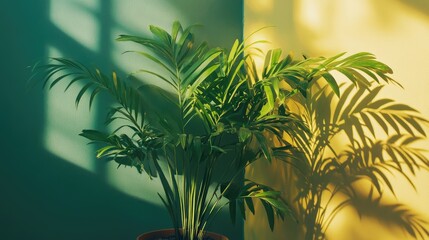 Poster - Chamaedorea elegans house plant casting shadows in sunlit room minimal decor natural light vibrant colors serene atmosphere